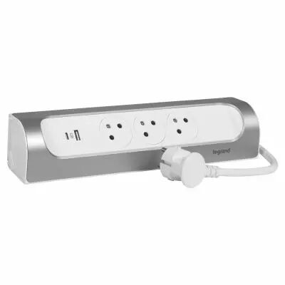 rallonge d'angle 3x2p+t surface et usb a+c avec cordon 1m - blanc/alu (049406)