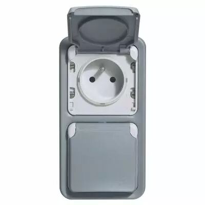double prise de courant avec terre plexo apparent vertical - gris (069913)