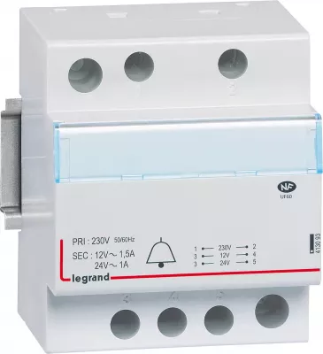 legrand-transformateur pour sonnerie 230v vers 24v � 12v - 24va � 18 va - 4 modules (413093)