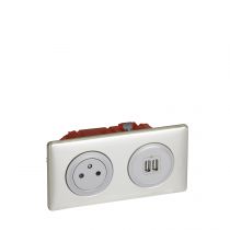 Prise de courant + chargeur 2 USB avec Plaque Céliane +boite à encastrer -Titane (200138)