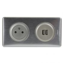 Prise de courant + chargeur 2 USB avec Plaque Céliane + boite à encastrer - Alu (200139)