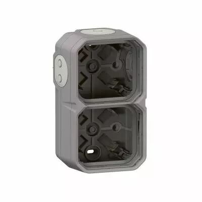 Bo�tier saillie �tanche Plexo 2 postes horizontaux et verticaux sans cloison avec 4 embouts � membrane - gris (069672L)