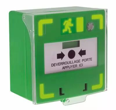 Bouton vert d�clencheur, d�verrouillage des issues contr�l�es, sonore, lumineux (BDVL)