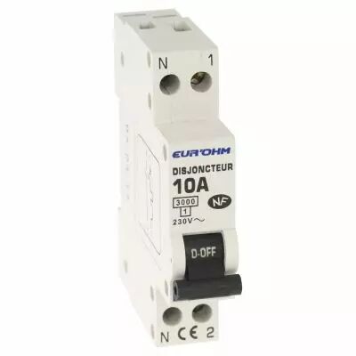 Disjoncteur  1P+N 10A NF courbe C connexion vis haut/bas 3kA (20010)