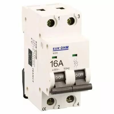 Disjoncteur 2P 16A courbe C connexion vis haut/bas  6kA (20125)
