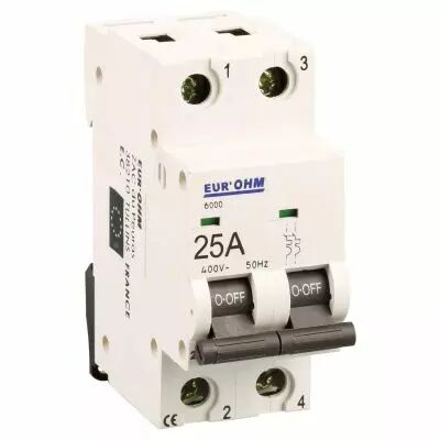Disjoncteur 2P 25A courbe C connexion vis haut/bas  6kA (20127)