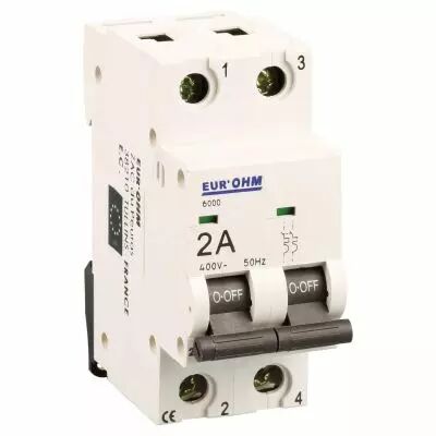 Disjoncteur 2P 2A courbe C connexion vis haut/bas  6kA (20121)