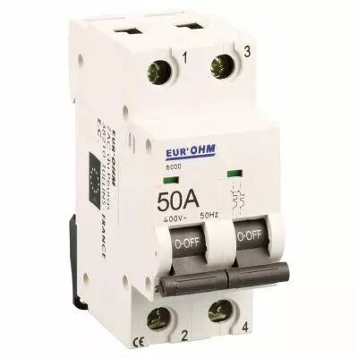 Disjoncteur 2P 50A courbe C connexion vis haut/bas  4,5kA (20130)