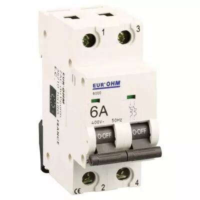 Disjoncteur 2P 6A courbe C connexion vis haut/bas  6kA (20123)