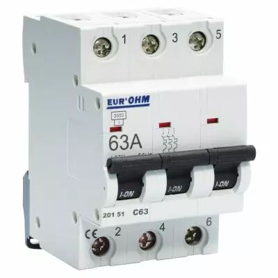 Disjoncteur 3P 63A courbe C connexion vis haut/bas  4,5kA (20151)