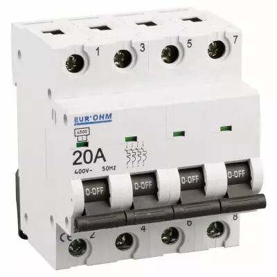 Disjoncteur 4P 20A courbe C connexion vis haut/bas  6kA (20166)