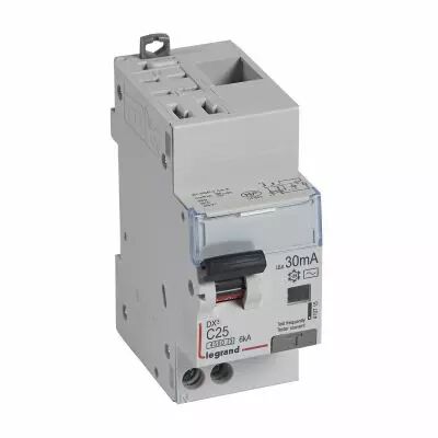 Disjoncteur diff DX� 4500 - auto/vis -U+N 230V~ 25A -typeAC - 30mA - 6kA -courbe C - 2M (410715)