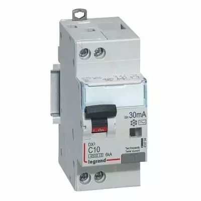 Disjoncteur diff DX� 4500 - vis/vis -U+N 230V~ 10A - typeAC - 30mA - 6kA -courbe C - 2M (410704)
