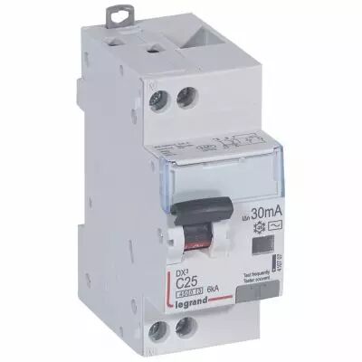 Disjoncteur diff DX� 4500 - vis/vis -U+N 230V~ 25A - typeAC - 30mA - 6kA -courbe C - 2M (410707)