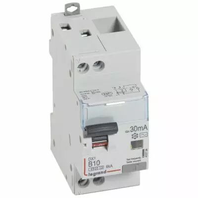 Disjoncteur diff DX� 4500 -vis/vis- U+N 230V~10A - typeAC - 30mA - 6kA - courbe B - 2 M (410734)