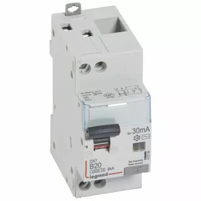 Disjoncteur diff DX� 4500 -vis/vis- U+N 230V~20A - typeAC - 30mA - 6kA - courbe B - 2 M (410736)