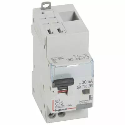Disjoncteur diff DX� 6000 -auto/vis-U+N 230V~-25A -typeHpi- 30mA-10kA-courbe C - 2M (410873)