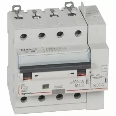 Disjoncteur diff DX� 6000 -vis/auto-4P-400V~-25A-typeAC-300mA-10kA-courbe C - 5M (411218)