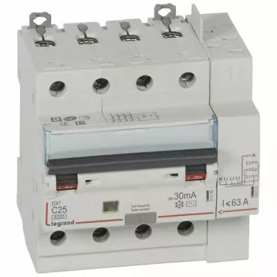 Disjoncteur diff DX� 6000 -vis/auto-4P-400V~-25A-typeAC-30mA-10kA-courbe C - 5M (411199)