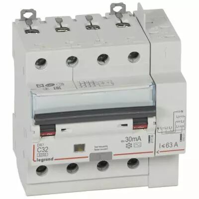 Disjoncteur diff DX� 6000 -vis/auto-4P-400V~-32A-typeAC-30mA-10kA-courbe C - 5M (411200)
