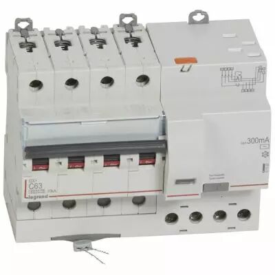 Disjoncteur diff DX� 6000 -vis/auto-4P-400V~-63A-typeAC-300mA-10kA-courbe C - 7M (411222)