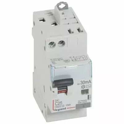 Disjoncteur diff DX� 6000 -vis/auto-U+N 230V~-25A-typeAC-30mA-10kA-courbe C - 2 mod (410807)