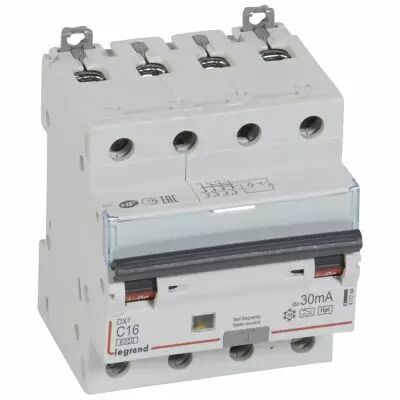 Disjoncteur diff DX� 6000 -vis/vis- 4P 400V~16A - type Hpi - 30mA -10kA- courbe C - 4 M (411244)