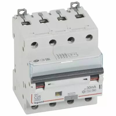Disjoncteur diff DX� 6000 -vis/vis- 4P 400V~25A - type Hpi - 30mA -10kA- courbe C - 4 M (411246)