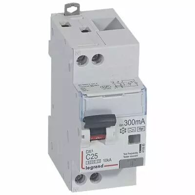 Disjoncteur diff DX� 6000 -vis/vis- U+N 230V~- 25A - type Hpi 300mA-10 kA courbe C - 2M (410885)