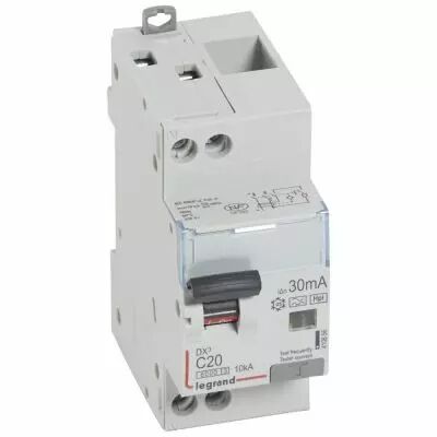 Disjoncteur diff DX� 6000 -vis/vis-U+N 230V~- 20A - type Hpi 30 mA-10 kA courbe C - 2M (410856)