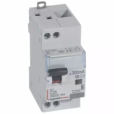Disjoncteur diff DX� 6000 -vis/vis-U+N 230V~- 25A - type AC 300 mA-10 kA courbe C - 2M (410815)