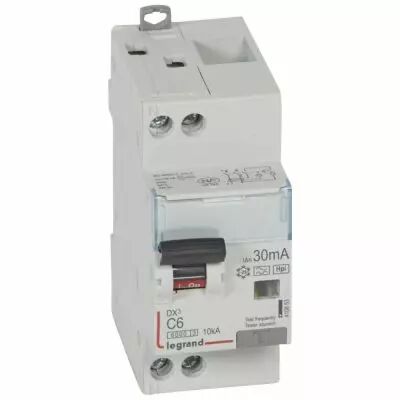 Disjoncteur diff DX� 6000 -vis/vis-U+N 230V~- 6 A - type Hpi 30 mA-10 kA courbe C - 2M (410853)