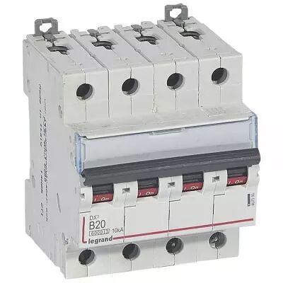 Disjoncteur DX� 6000 -vis/vis- 4P- 400V~ - 20A-10kA - courbe B-peigne HX� trad 3P- 4M (407596)