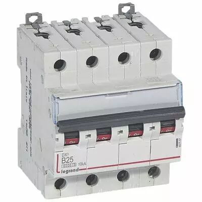 Disjoncteur DX� 6000 -vis/vis- 4P- 400V~ - 25A-10kA - courbe B-peigne HX� trad 3P- 4M (407597)