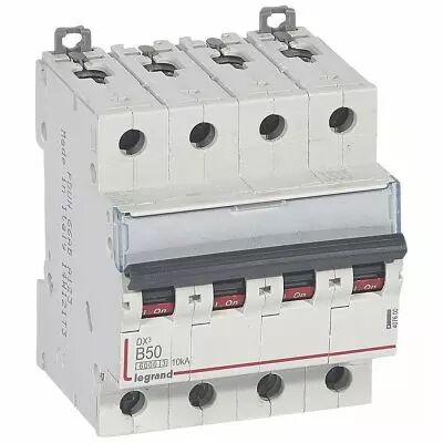 Disjoncteur DX� 6000 -vis/vis- 4P- 400V~ - 50A-10kA - courbe B-peigne HX� trad 3P- 4M (407600)