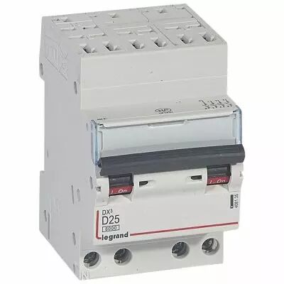 Disjoncteur DX� 6000-auto/vis-4P-400V~-25A-10kA-courbe D-peigne HX� opti 4P - 3M (408135)