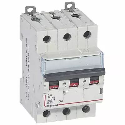 Disjoncteur DX� 6000-vis/vis-3P-400V~-20A-10kA-courbe D-peigne HX� trad 3P-3M (408060)
