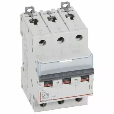 Disjoncteur DX� 6000-vis/vis-3P-400V~-25A-10kA-courbe D-peigne HX� trad 3P-3M (408061)