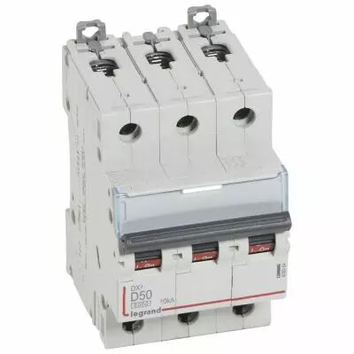 Disjoncteur DX� 6000-vis/vis-3P-400V~-50A-10kA-courbe D-peigne HX� trad 3P-3M (408064)