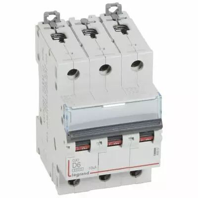 Disjoncteur DX� 6000-vis/vis-3P-400V~-6A-10kA-courbe D-peigne HX� trad 3P-3M (408057)