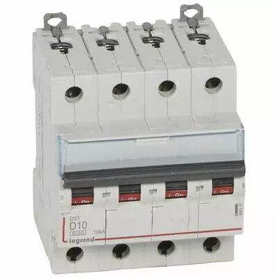 Disjoncteur DX� 6000-vis/vis-4P-400V~-10A-10kA-courbe D-peigne HX� trad 4P - 4M (408116)