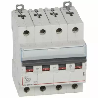 Disjoncteur DX� 6000-vis/vis-4P-400V~-20A-10kA-courbe D-peigne HX� trad 4P - 4M (408118)