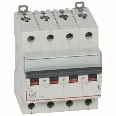 Disjoncteur DX� 6000-vis/vis-4P-400V~-63A-10kA-courbe D-peigne HX� trad 4P - 4M (408123)