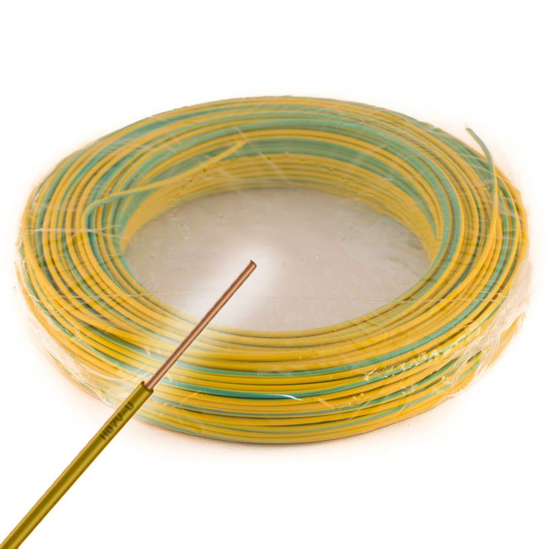 CABLE H07VU2,5VJ - Fil électrique rigide HO7VU 2.5² vert/jaune - Couronne  de 100m