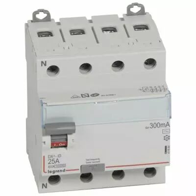 Inter diff DX�-ID - vis/vis - 4P- 400V~- 25A - type AC - 300mA - d�part bas - 4M (411664)