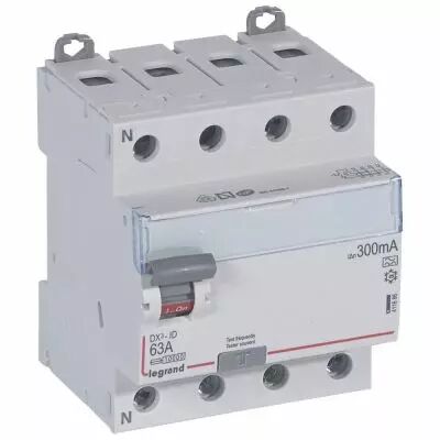 Inter diff DX�-ID - vis/vis - 4P- 400V~- 63A - type A - 300mA - d�part bas - 4M (411686)