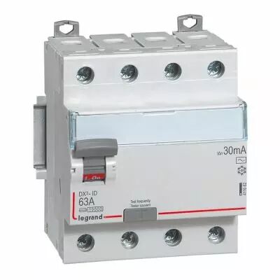 Inter diff DX�-ID - vis/vis - 4P- 400V~- 63A - type AC - 30mA - d�part bas - 4M (411662)