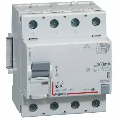 Inter diff DX�-ID - vis/vis - 4P- 400V~- 63A - type B - 300mA - d�part bas - 4M (411849)