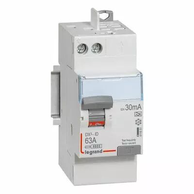 Interrupteur diff�rentiel DX�-ID arriv�e haut � vis et d�part haut automatique - 2P 230V~ 63A typeA 30mA - 2 modules (411651)