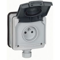 Prise 2P+T à volet - 16 A - 250 V~ - Plexo 66 monobloc gris - IP66/IK08